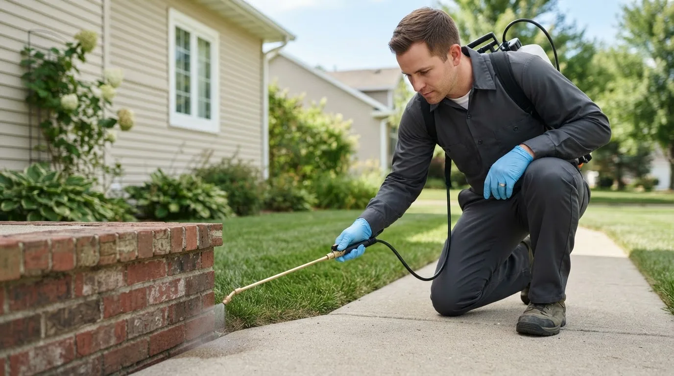 Pest control technician treating a home near Sycamore, KS